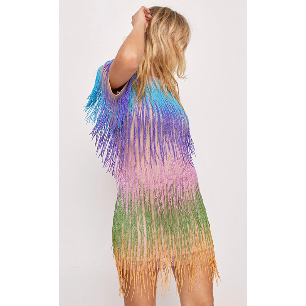 Nasty Gal Rainbow Beaded Fringe Dress Size Medium Tassel Statement Festival Midi