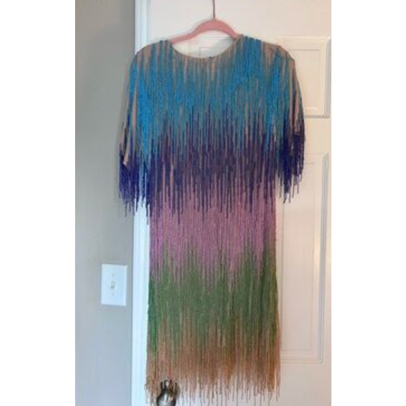 Nasty Gal Rainbow Beaded Fringe Dress Size Medium Tassel Statement Festival Midi