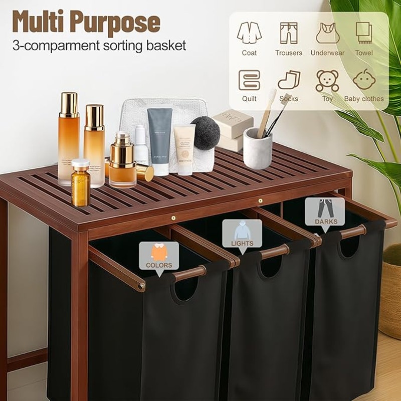 3-Section Bamboo Laundry Hamper Organizer