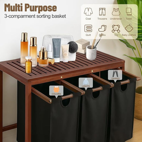 3-Section Bamboo Laundry Hamper Organizer