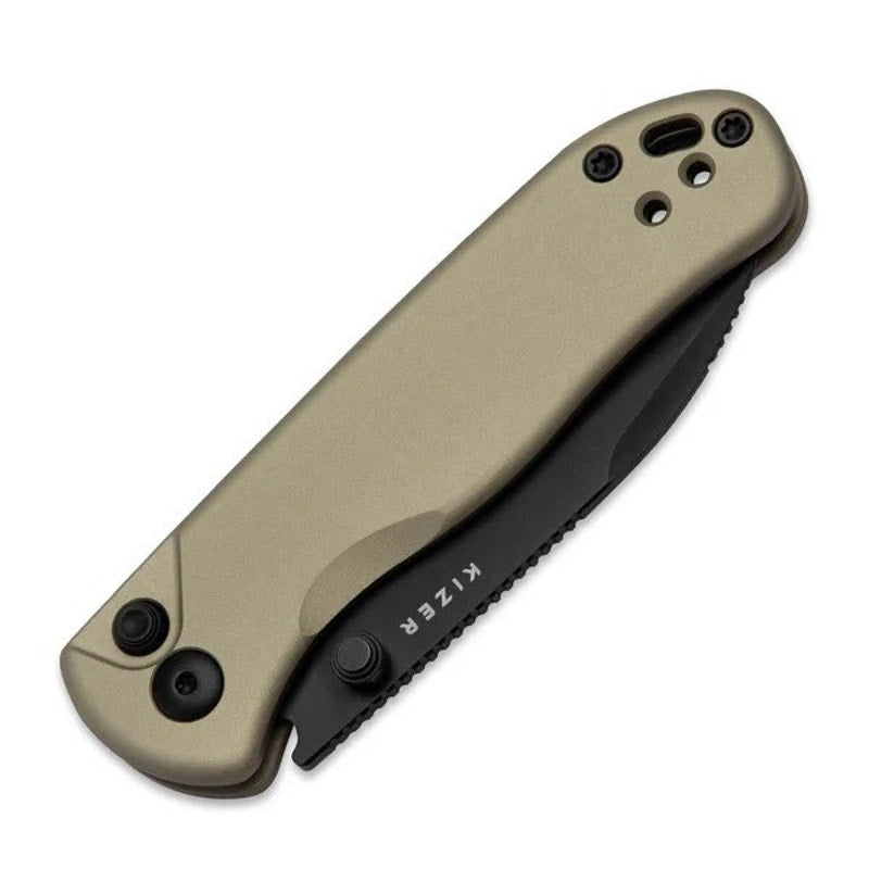 Kizer Drop Bear 2 Folding Knife Tan Alum Handle Nitro-V Plain Black OPEN BOX NEW