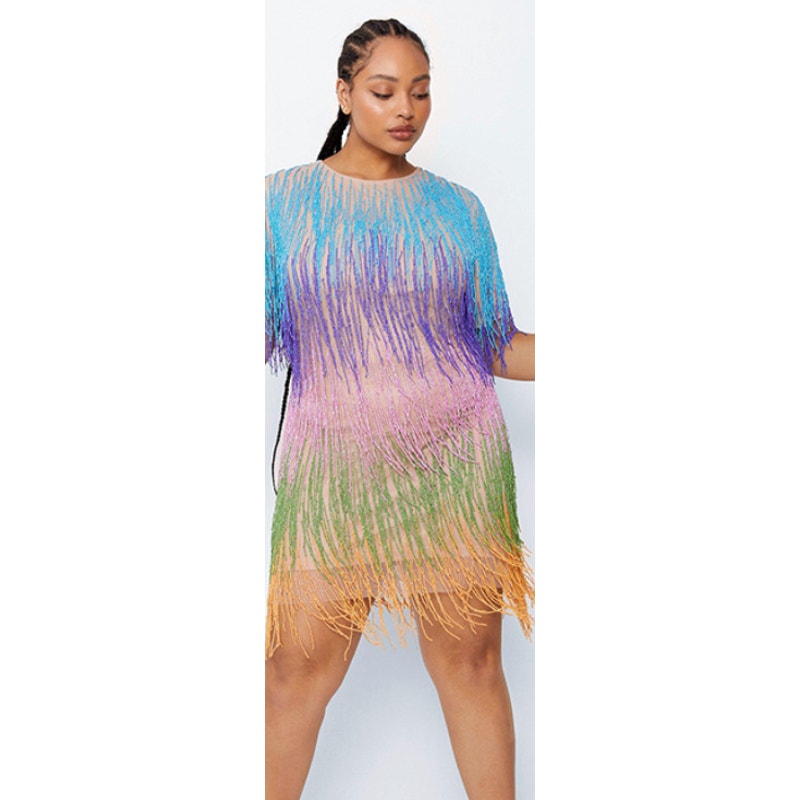 Nasty Gal Rainbow Beaded Fringe Dress Size Medium Tassel Statement Festival Midi