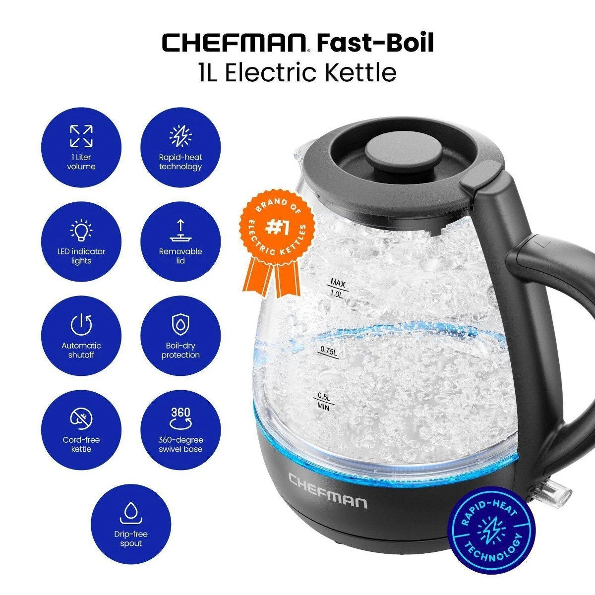 Chefman Custom-Temp Glass Electric Kettle 1.8L Digital Temp