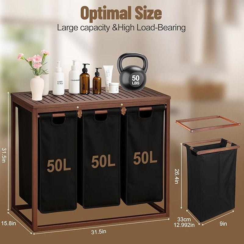 3-Section Bamboo Laundry Hamper Organizer