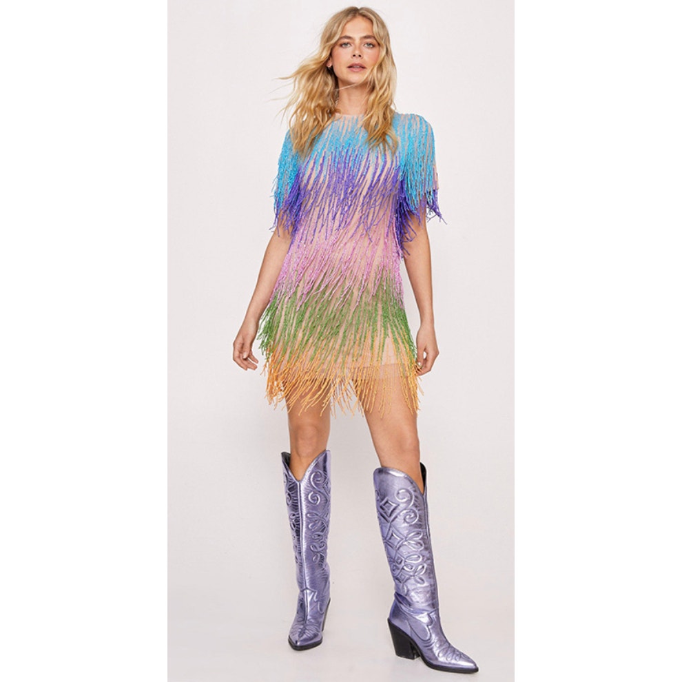 Nasty Gal Rainbow Beaded Fringe Dress Size Medium Tassel Statement Festival Midi